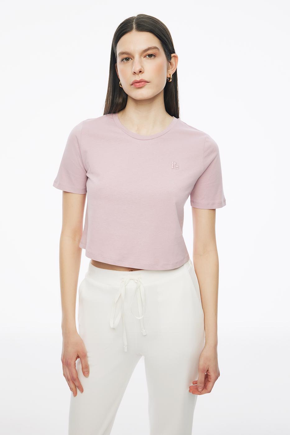 Bayan PEMBE Kelins Regular Fit Crop Boy Bisiklet Yaka Pembe Renk Kadın Tişört