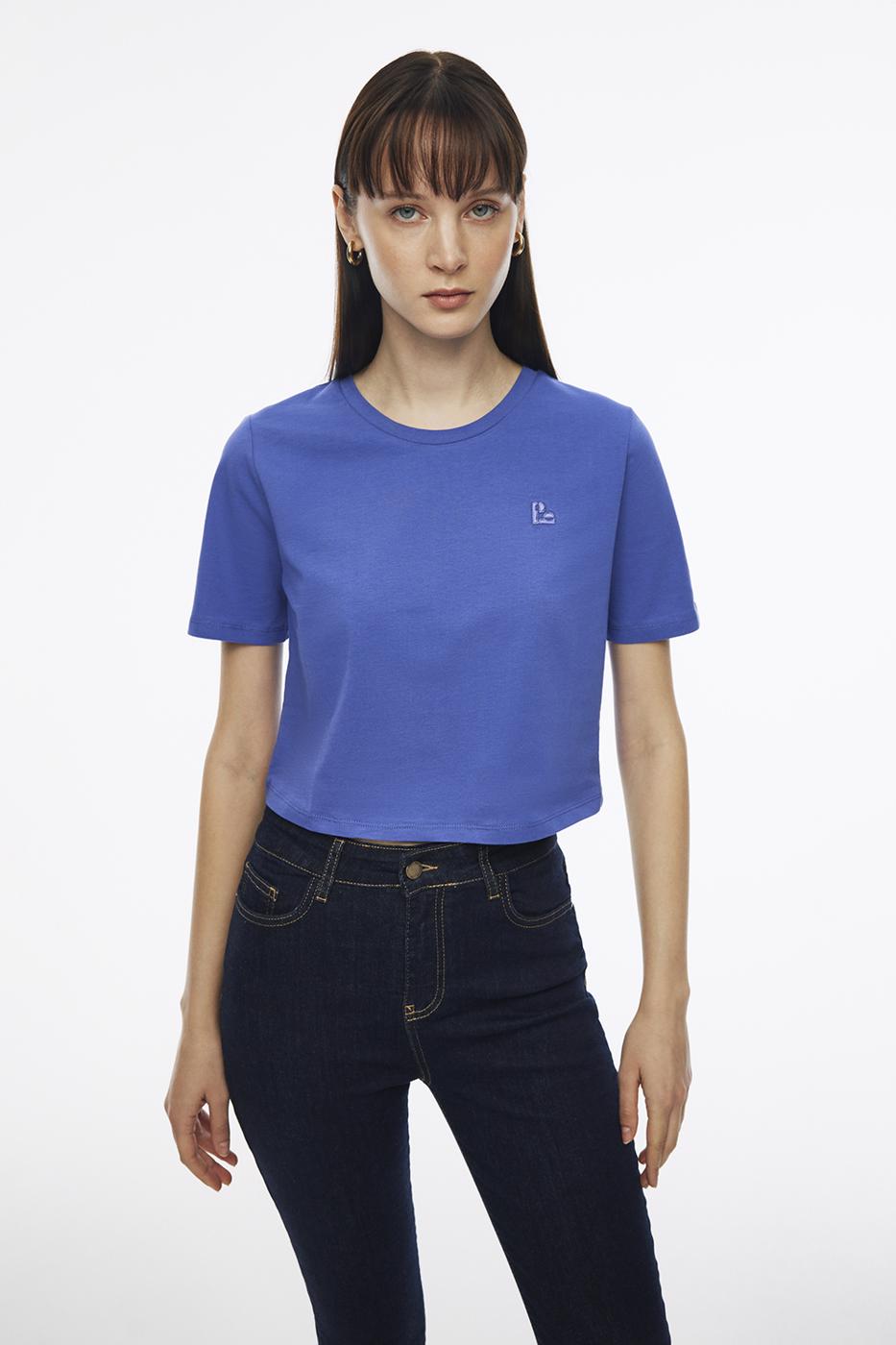 Bayan MOR Kelins Regular Fit Crop Boy Bisiklet Yaka Mor Renk Kadın Tişört