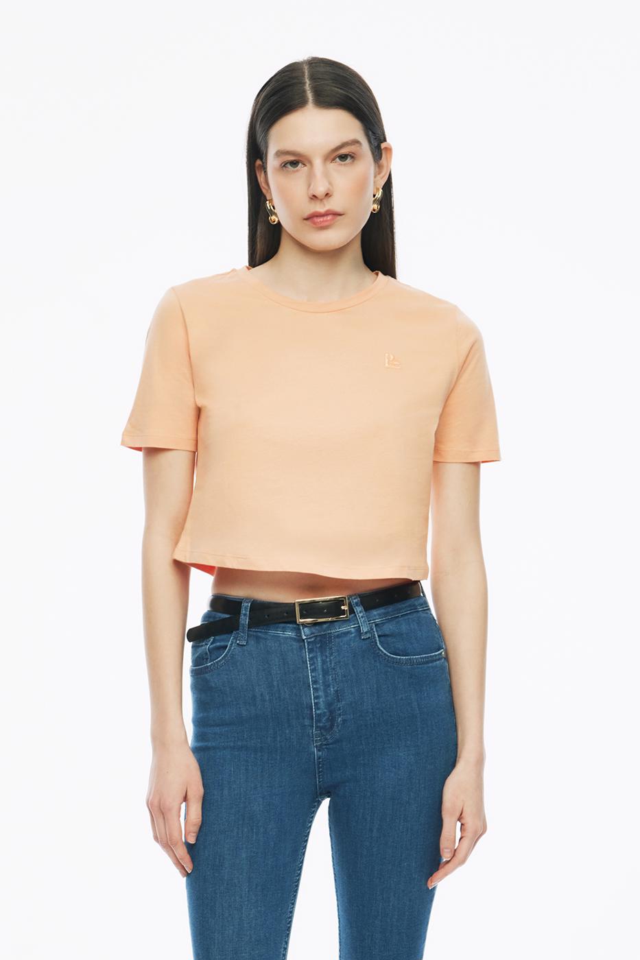 Bayan KAYISI Kelins Regular Fit Crop Boy Bisiklet Yaka Kayısı Renk Kadın Tişört