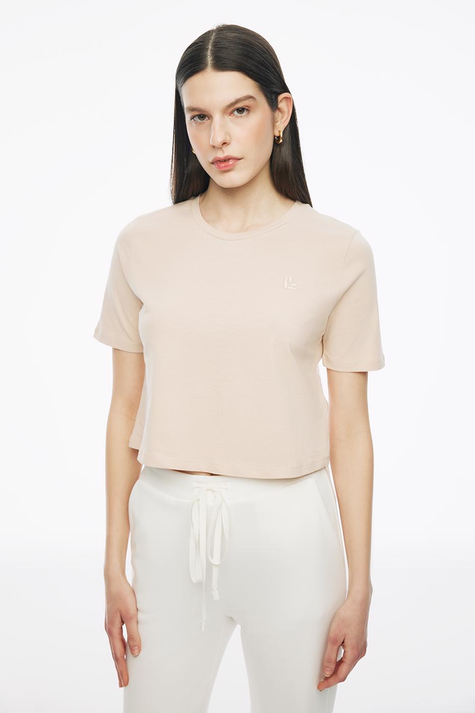 Bayan BEJ Kelins Regular Fit Crop Boy Bisiklet Yaka Bej Renk Kadın Tişört