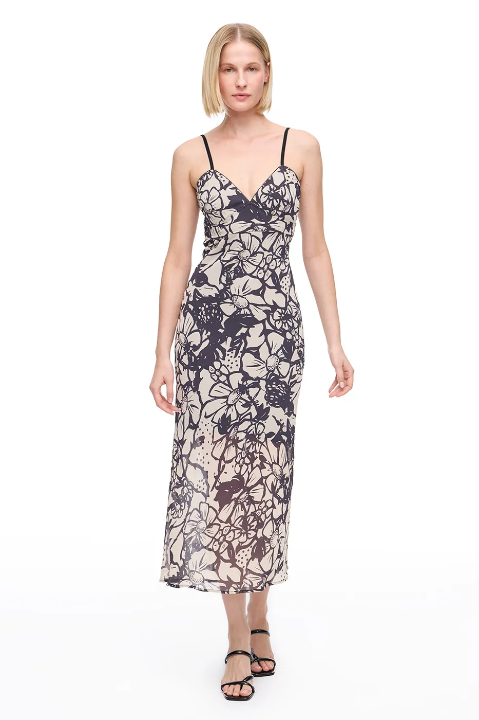 Bej Siyah Caias Regular Fit Çiçekli Maxi Boy Elbise