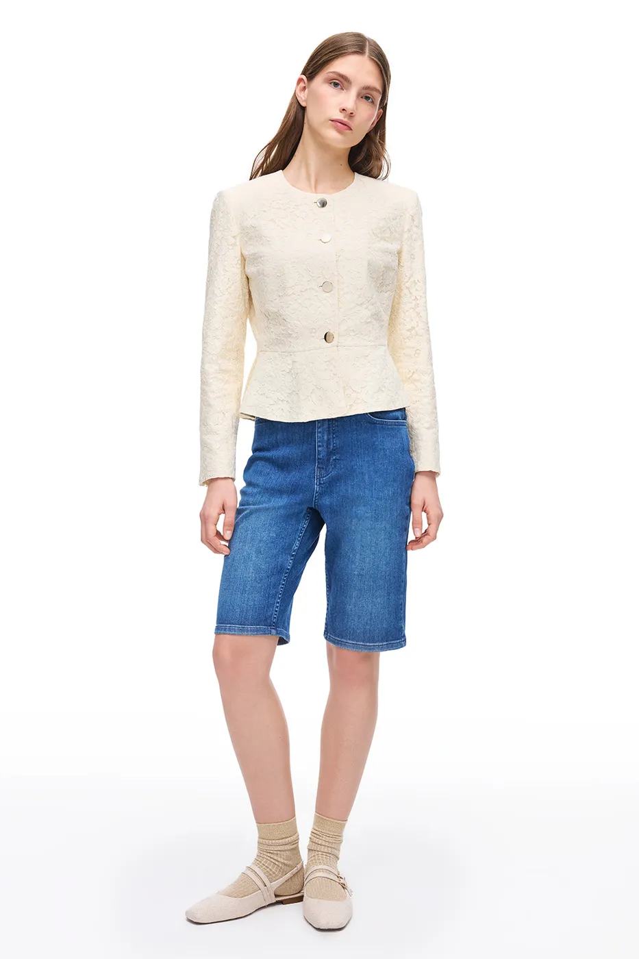 Krem İolite Regular Fit Çiçekli Ceket