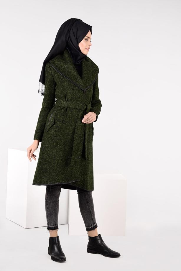 Green belted wrap clearance coat