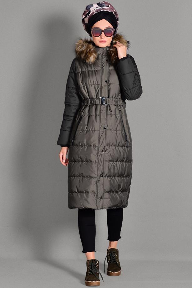 khaki belted puffer coat