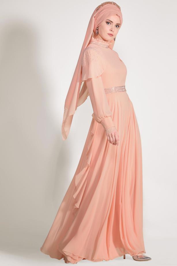 Stone Print Detailed Chiffon Woman Hijab Evening Dress