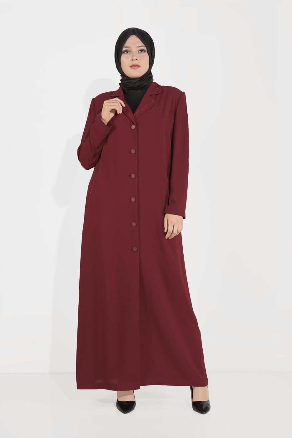 Female CLARET RED ALVİNA EMBROIDERY DETAIL CLASSIC COLLAR TOPCOAT 10222 