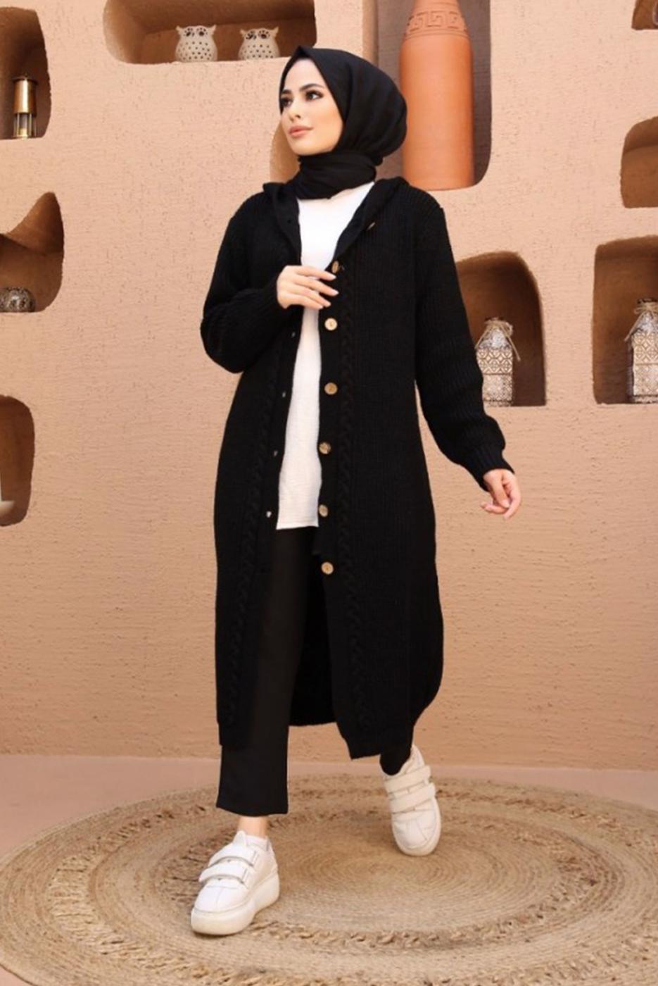 Female BLACK HOODED CABLE KNIT CARDIGAN 6003 