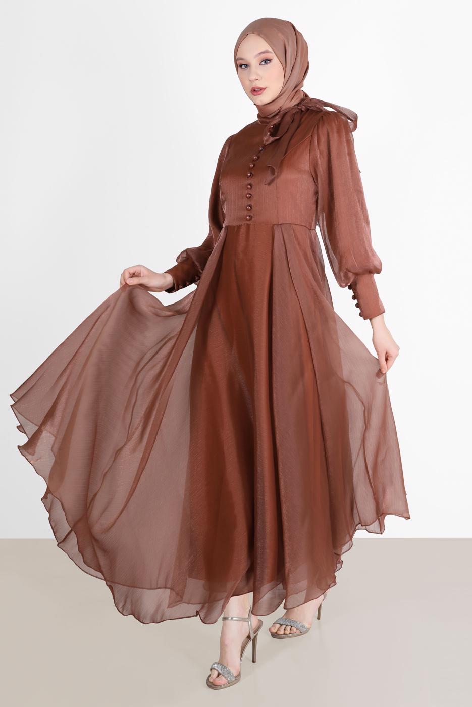 Female COFFEE BUTTON DETAIL TULLE EVENING DRESS 12825 