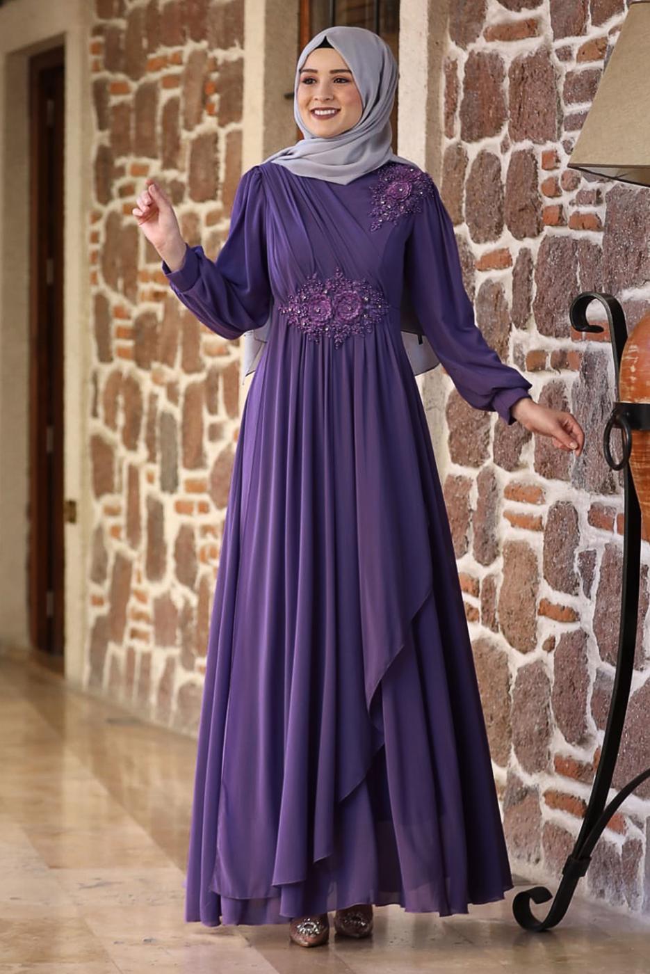 Female PURPLE BEADED EMBROIDERY DETAIL EVENING DRESS 9153 