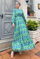 Female GREEN COLORED PATTERNED SATIN DRESS 6138 