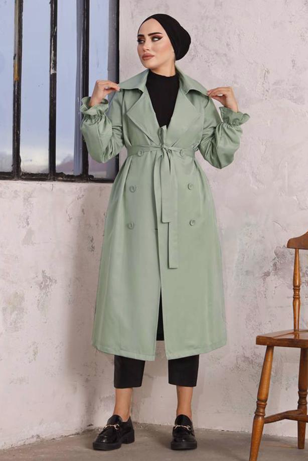 BUTTONED TRENCH COAT WITH ELASTIC CUFFS T 8029 | TRENDTESETTÜR
