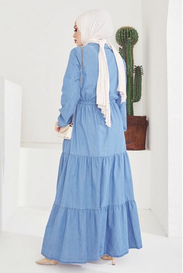 FRILLED DENIM DRESS WITH SMOCKING WAIST T 7176 | TRENDTESETTÜR