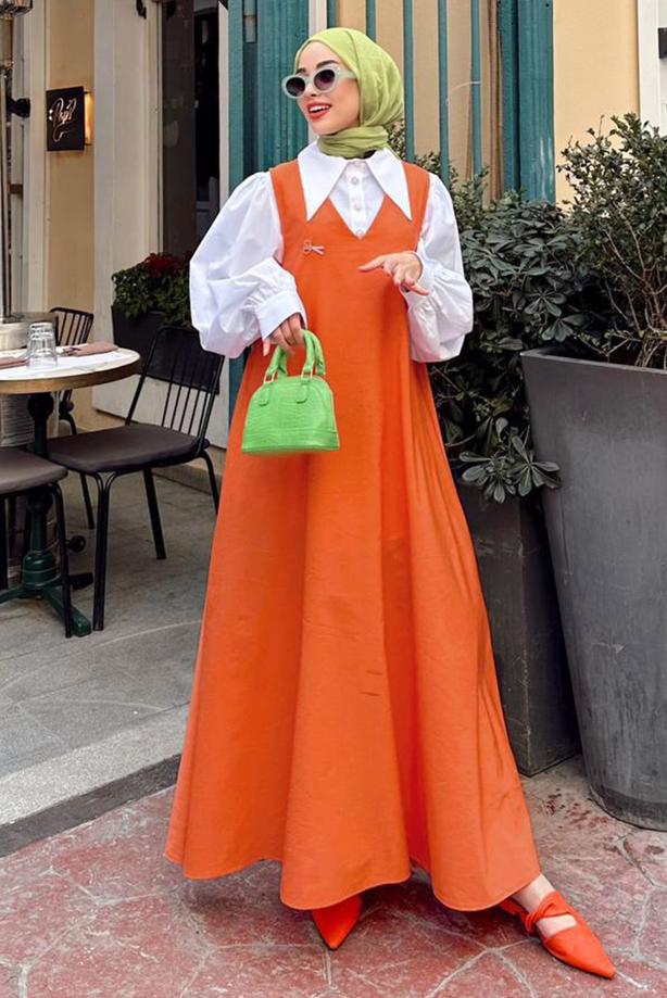 Orange pinafore dress best sale