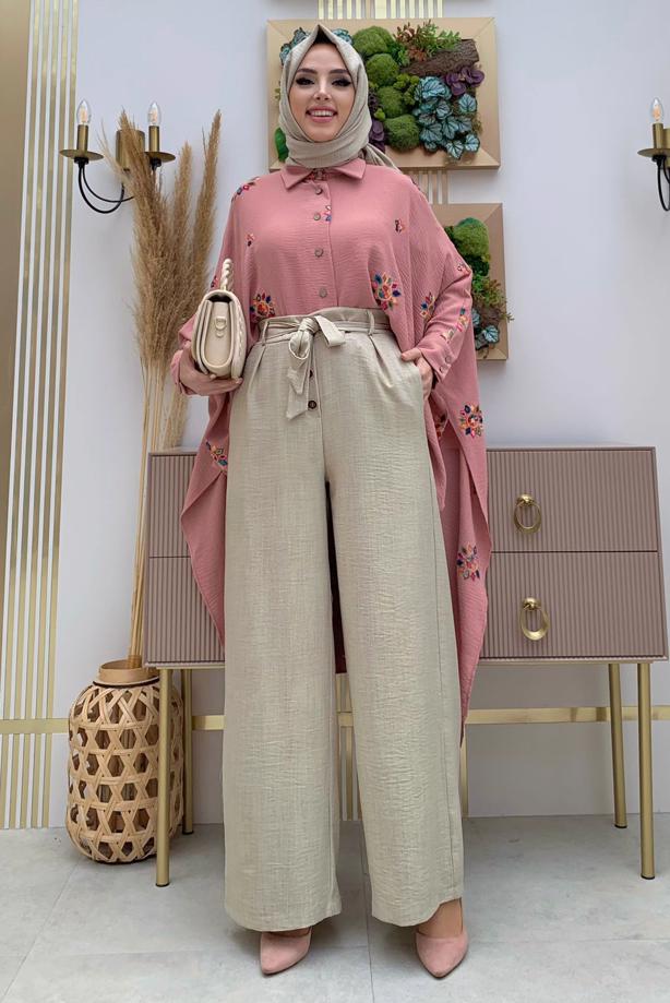 BUTTON DETAIL BELTED WIDE LEG PANTS T 5720 | TRENDTESETTÜR