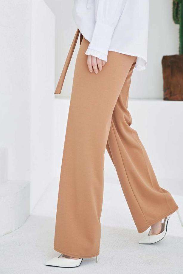 High Waist Wide Leg Pants - Beige - Pomelo Fashion